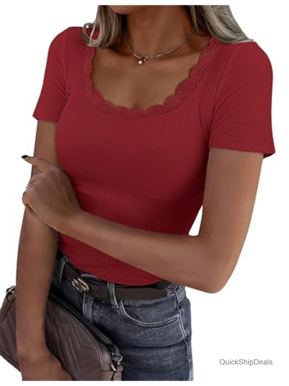 Women's Scoop Neck Lace Trim Ribbed Fitted Short Sleeve Top